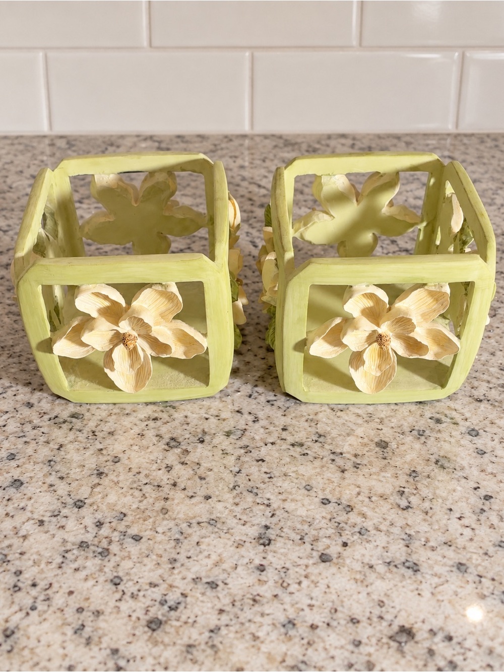 Set of 2 Floral Openwork Decorative Holders Sage Green Cream Magnolia